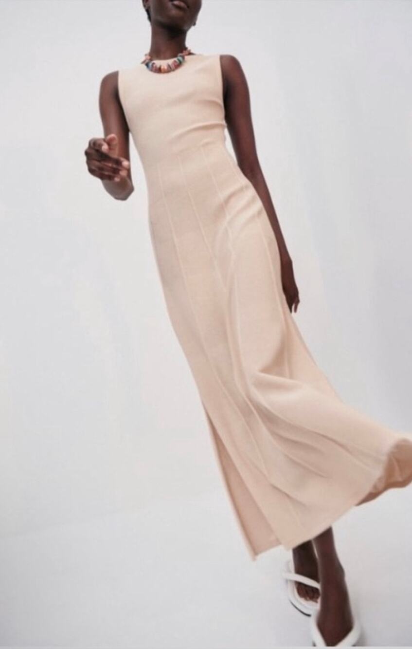 Zara NWT Sleeveless Knit Pleated Panel Maxi Dress Beige Small